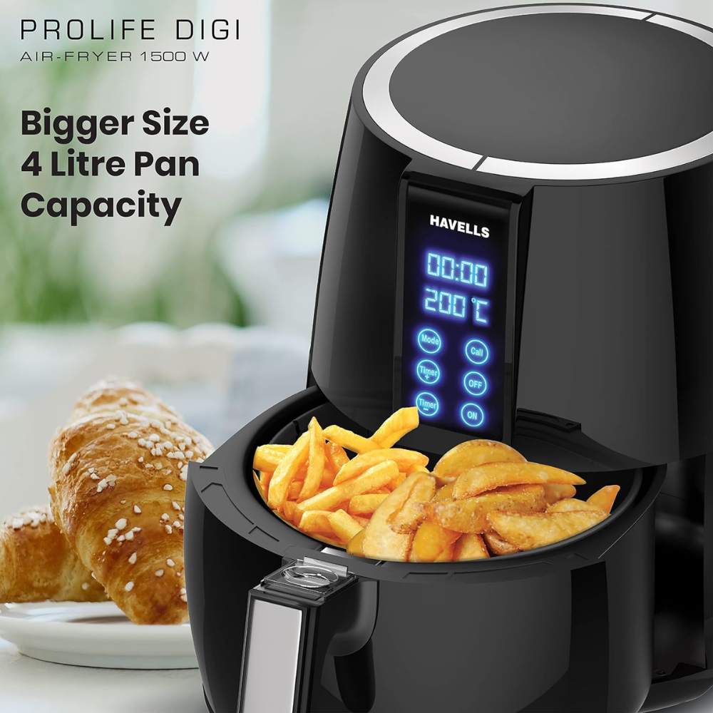 Havells Prolife Digi, 1230 Watts 4 Litres Digital Touch Panel Air Fryer, Black