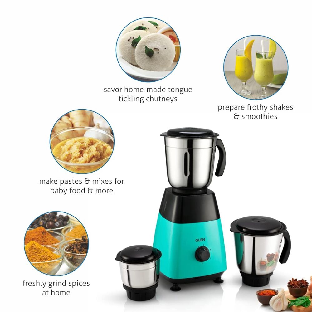 Glen MG 4023, 500 Watts Stainless Steel 3 Jars Mixer Grinder, heavy duty motor (Blue & Black)