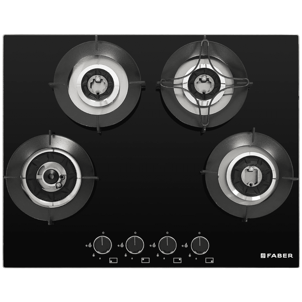 Faber Hob SUPERIA HT654 BR AI, 4 Burner 65 cm Auto Electric Ignition Glass Top Brass Burners 4 Medium Gas Stove, Hob/Hobtop (Black)