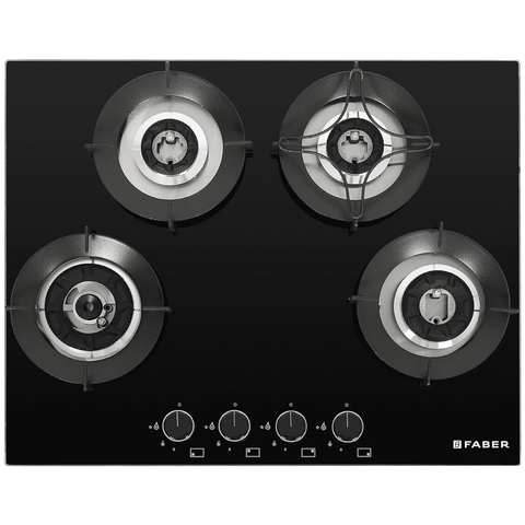 Faber Hob, SUPERIA HT654 BR AI, 4 Burner 65 cm Auto Electric Ignition Glass Top Brass Burners 4 Medium Gas Stove, Hob/Hobtop (Black)