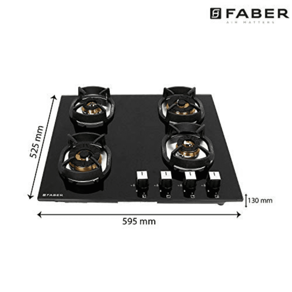 Faber Hob Nexus IND HT604 CRS BR CI AI, 4 Burner 60 cm Auto Electric Ignition Glass Top Brass Burners 4 Medium Gas Stove (Black)