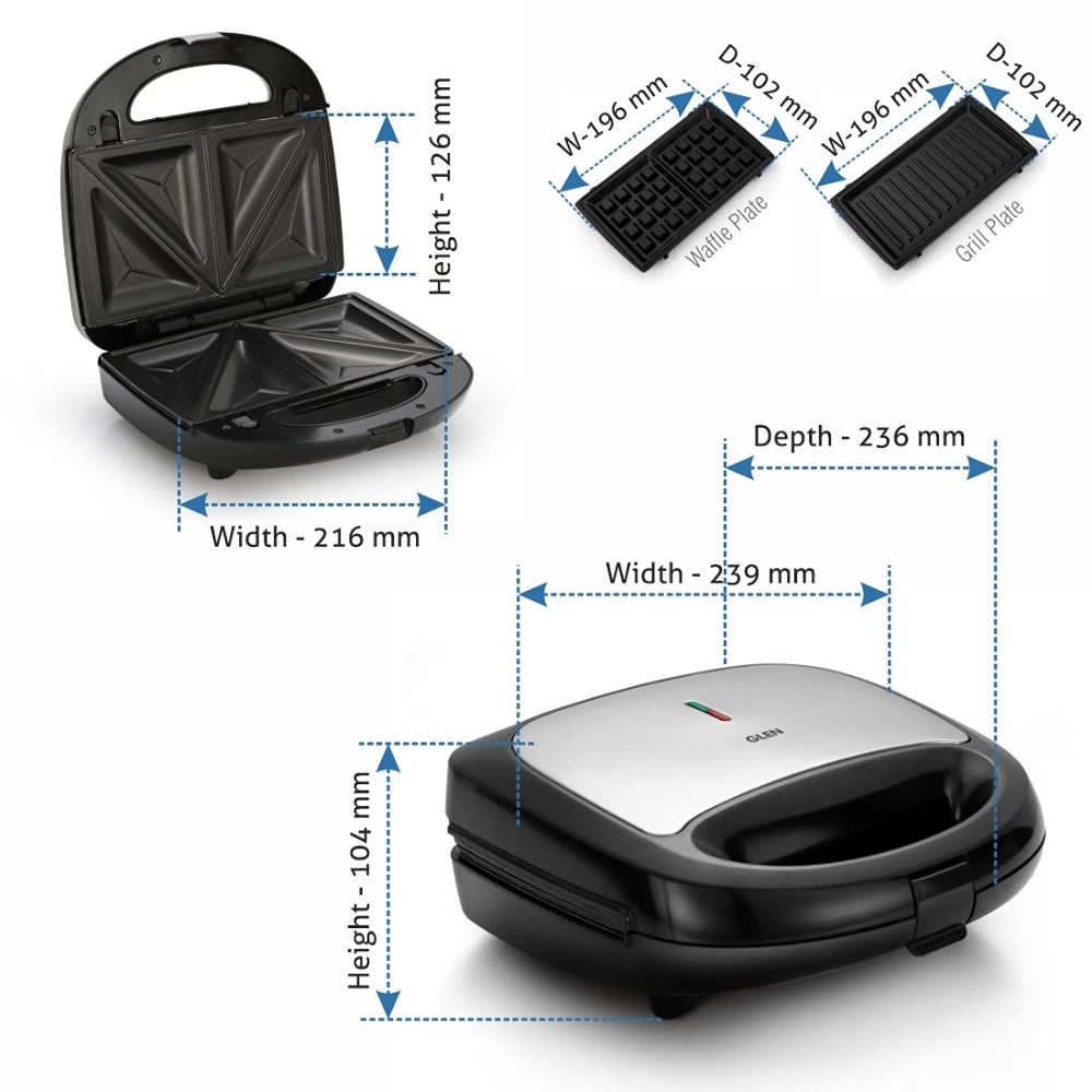Glen SA-3022MSM, Multi, 750 Watts Snack Maker with Interchangeable Plates (Black & Silver)