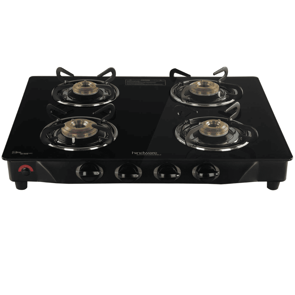 Hindware Cooktop, ARMO 4B GL BLK, 4 Burner Glass Top Brass Burner 2 Medium + 2 small Gas Stove (Black)