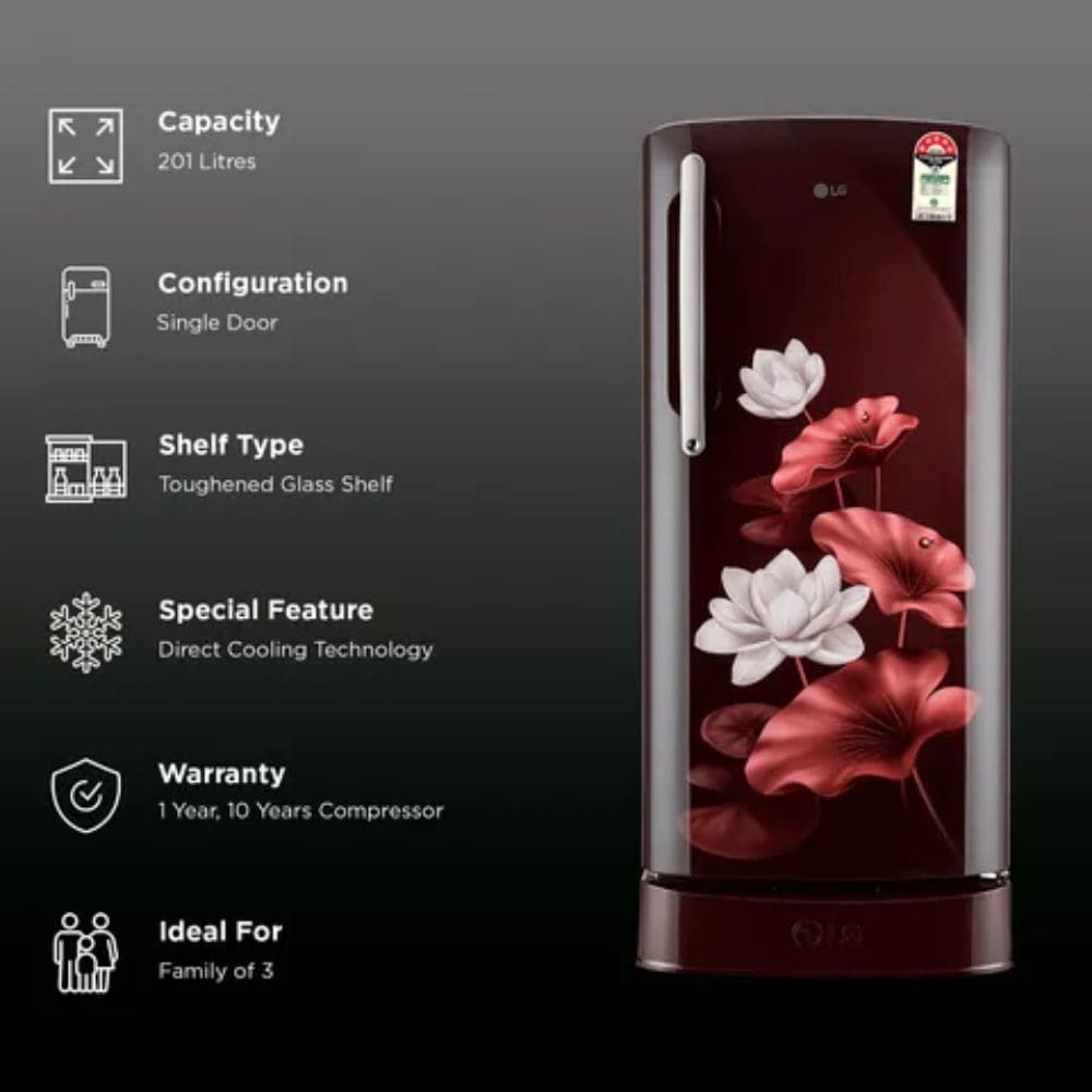 LG 201 Ltrs, 5 Star Smart Inverter Direct Cool Single Door Refrigerator (GLD2156ZHWG)