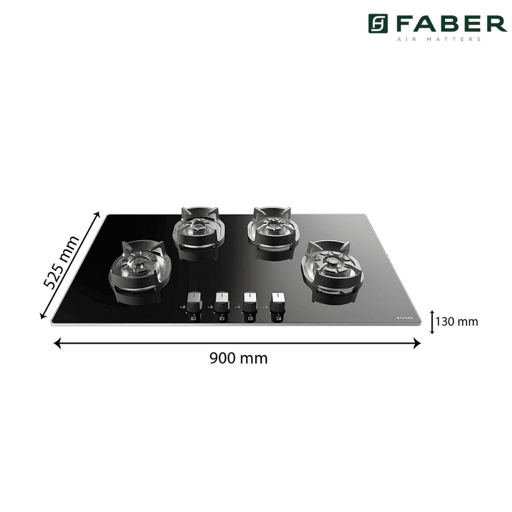 Faber Hob Nexus HT904 CRS BR CI, 4 Burner 90 cm Auto Electric Ignition Glass Top Mild Steel Burners 4 Medium Gas Stove (Black)