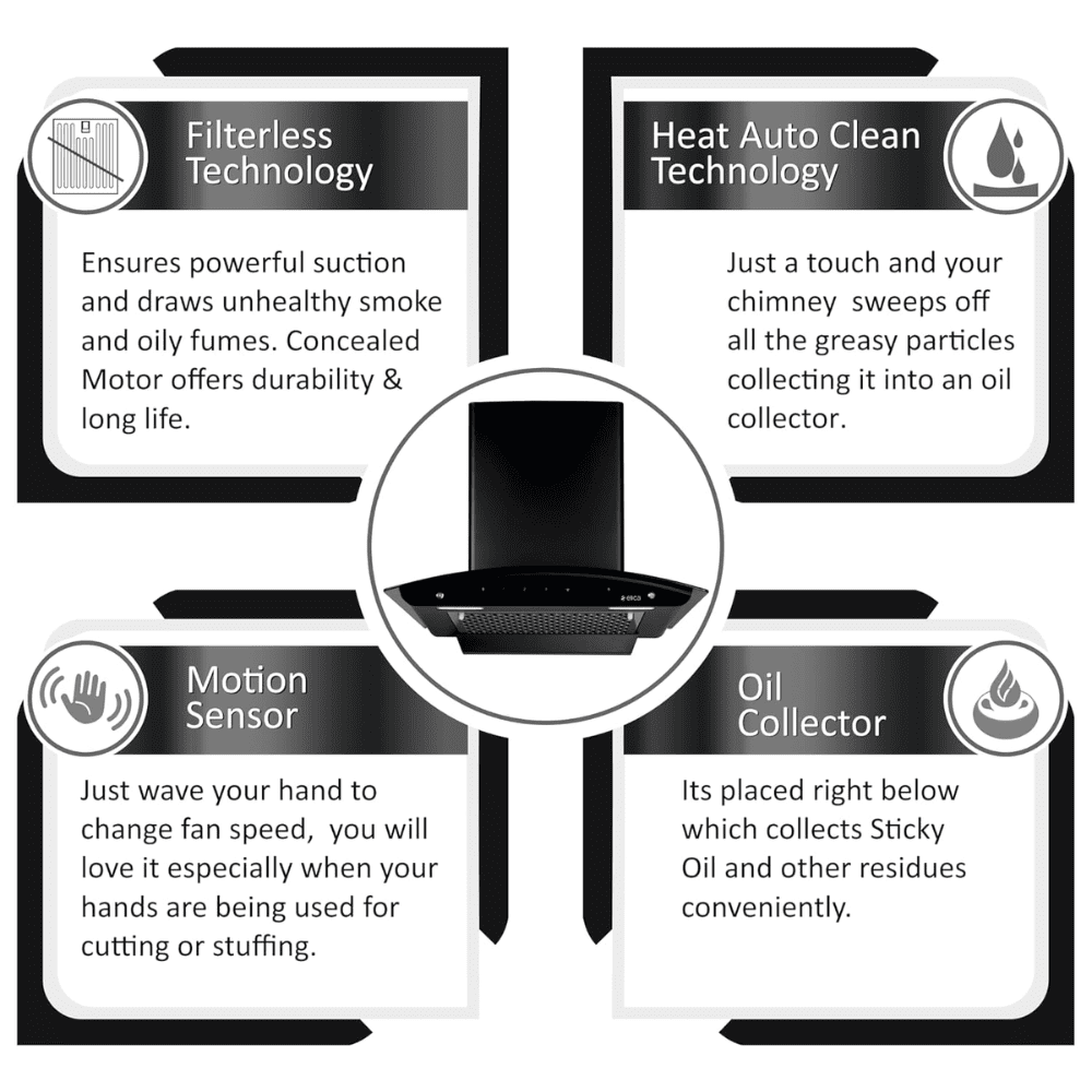 Elica BF 600 SLIM HAC MS NERO, 60 cm 1200 m3/hr Auto Clean Wall Mounted Kitchen Chimney (Black)