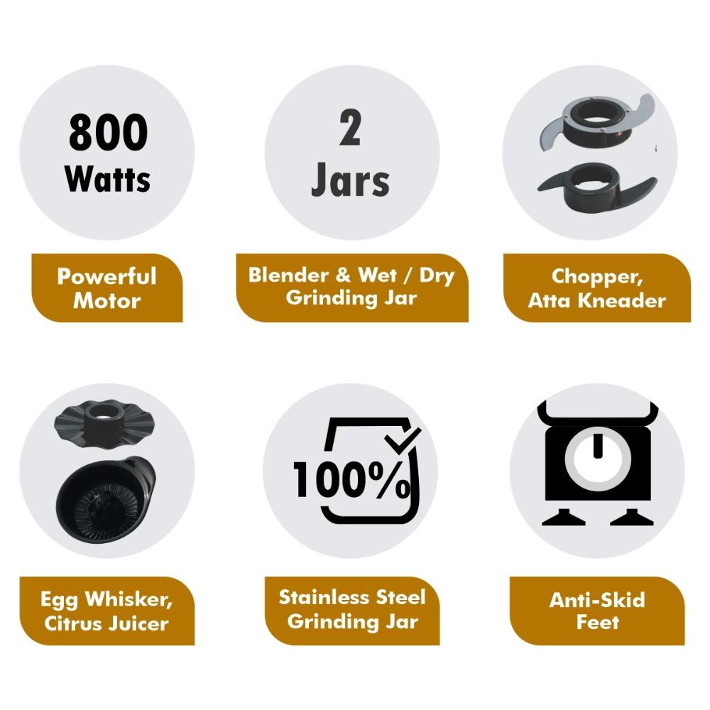 Inalsa VERVE, 800 Watts Mixer Grinder And Food Processor, Multipurpose Jars (Black)