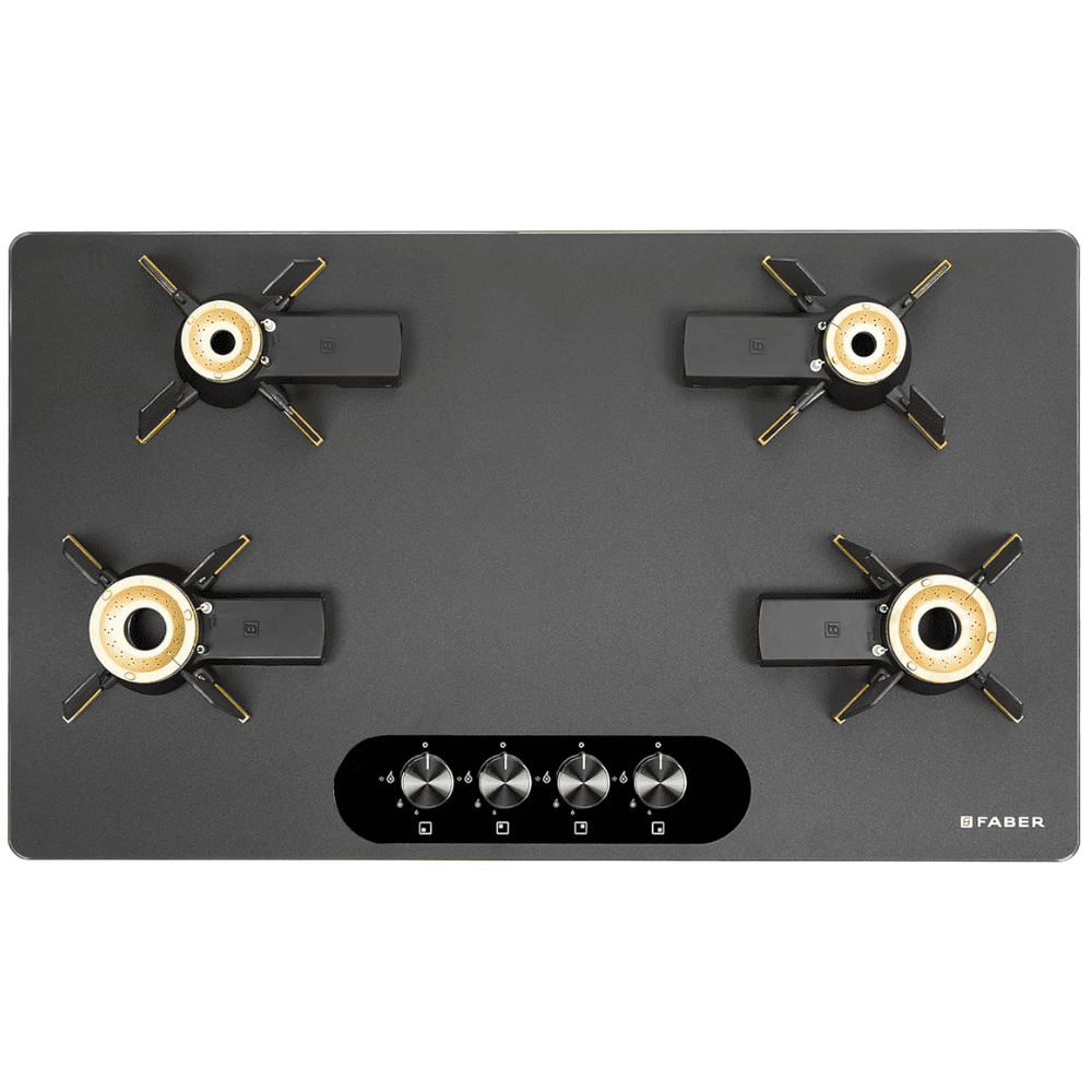 Faber Hob MAGICLIFT HT904 BR CI AI , 4 burner 90 cm Auto Electric Ignition Glass Top Liftable Brass Burners 1 Medium + 2 Small + 1 High (Black)