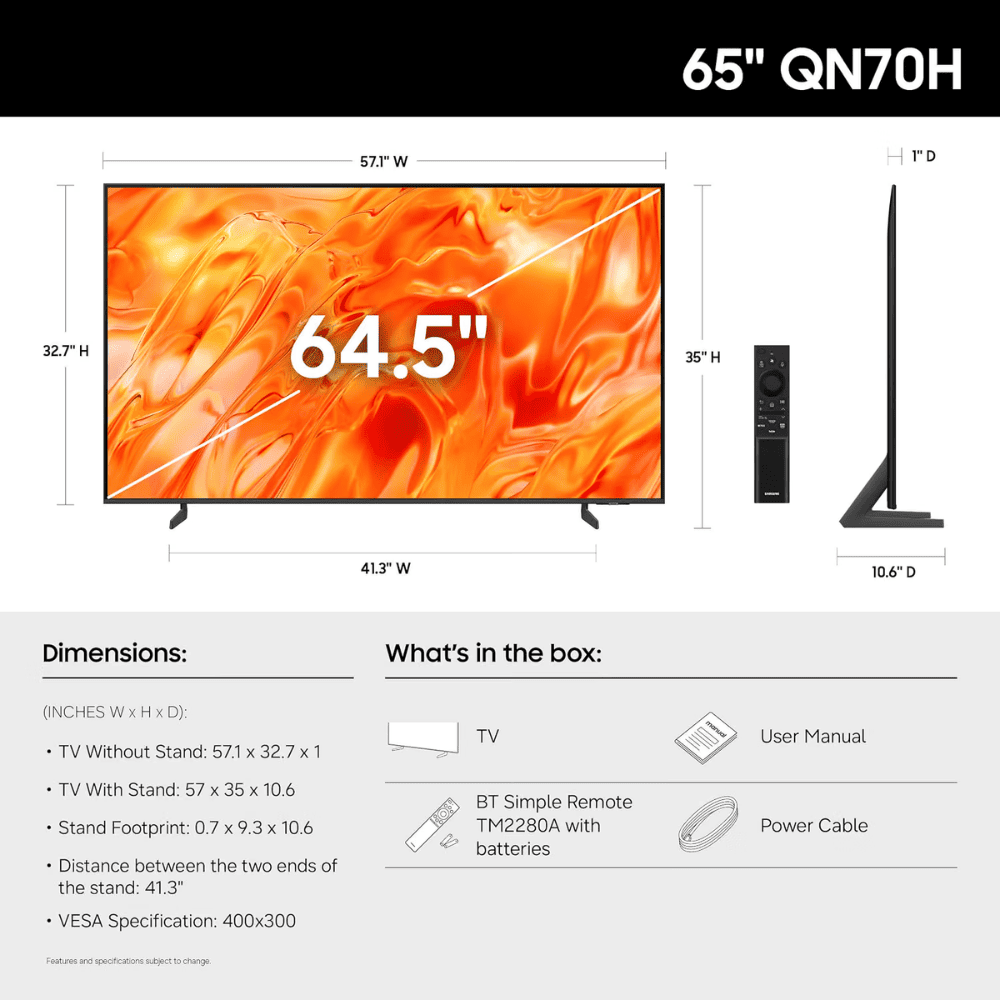 Samsung 65QN70H, 65 Inches 4K Quantum Mini Neo QLED TV, Black