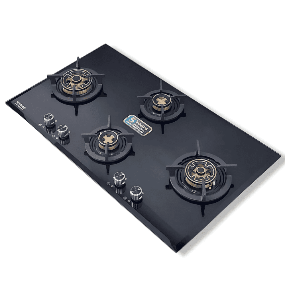 Hindware Hob, VALERIA 4B 90, 4 burner 90 cm Auto Ignition Glass Top Full Brass Burners 1 Medium + 2 Small + 1 High Gas Stove (Black)