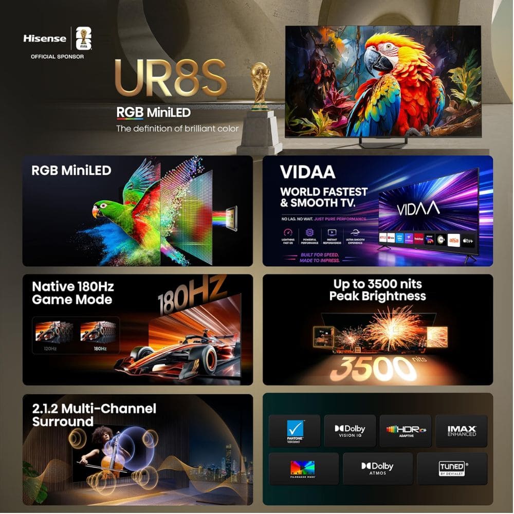 Hisense 65UR8S, 65 Inches 4K Micro RGB MiniLED Smart TV, Black