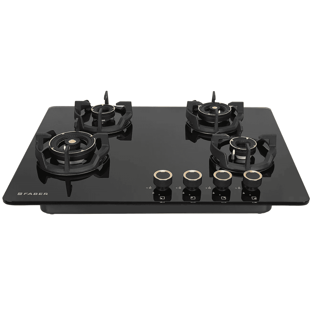 Faber Hob EXPERIA HT704 ALU AI, 4 burner 70 cm Auto Ignition Glass Stainless Steel Design Brass Burners 2 Medium + 1 Small + 1 High (Black)