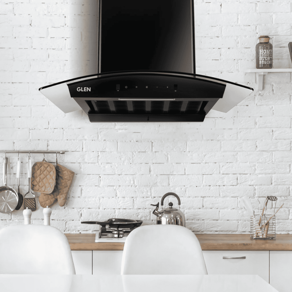Glen 6058 BL, 75 cm 1200 m3/hr Heat Auto Clean Wall Mounted Curved Glass Kitchen Chimney, Filterless Technology (Black)