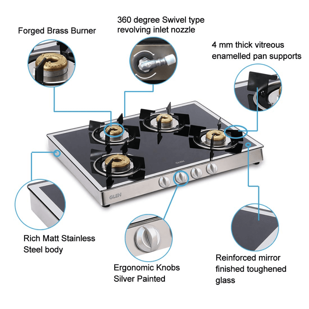 Glen Cooktop, 1048 GT FORGED BB MIRROR, 4 Burner 70 cm Auto Ignition Mirror Finished Glass Top Brass Burner 4 Medium LPG Gas Stove (Black)