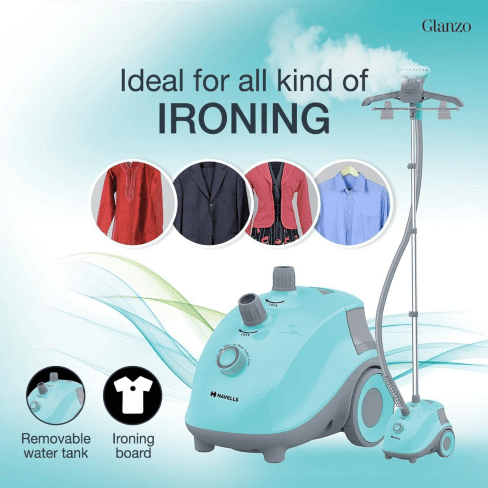 Havells Glanzo, 1650 Watts Garment Steamer (Blue And Grey)