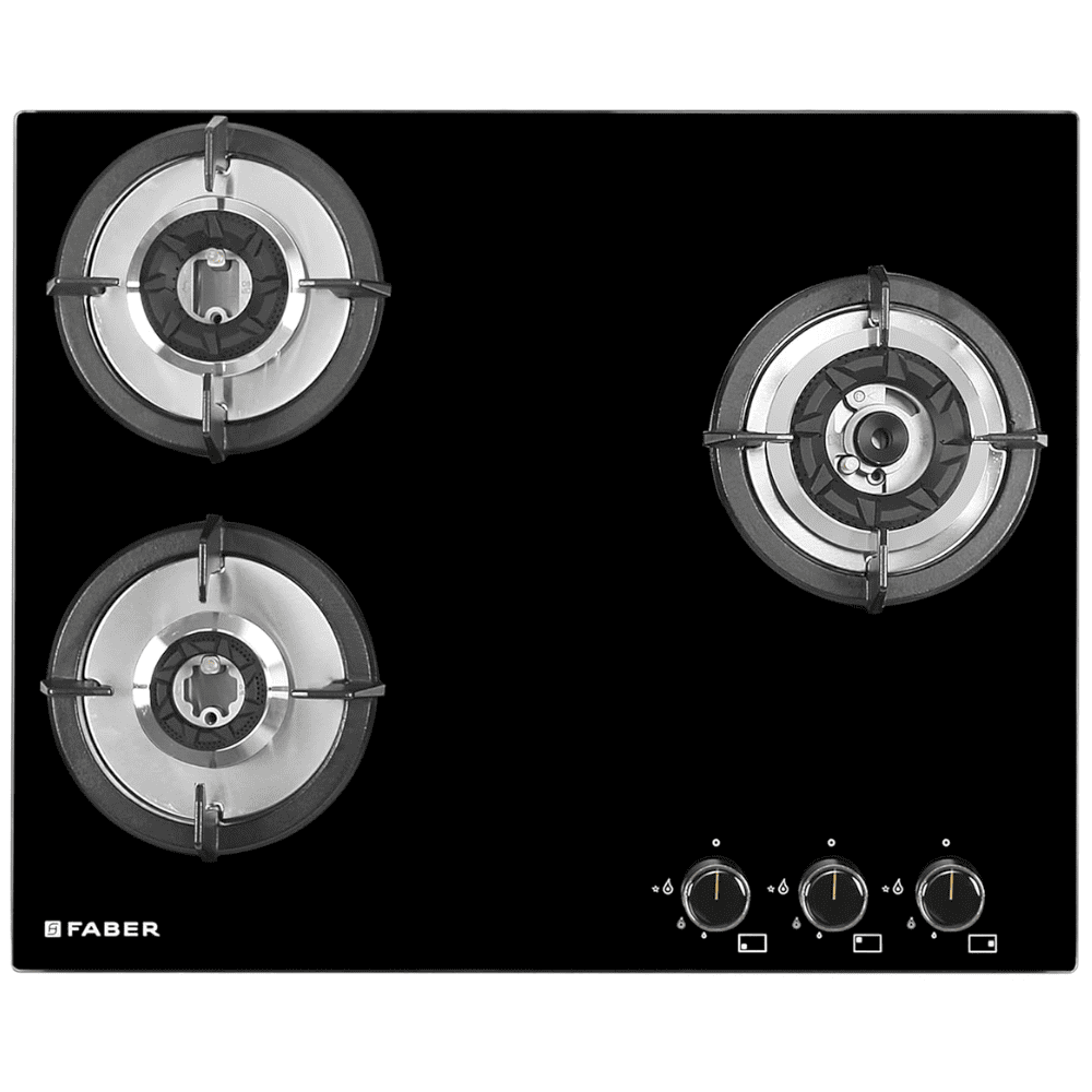 Faber Hob SUPERIA HT653 BR AI, 3 burner 65 cm Auto Ignition Glass Top Full Brass Burners 1 Medium + 1 Small +1 High Flame Gas Stove (Black)