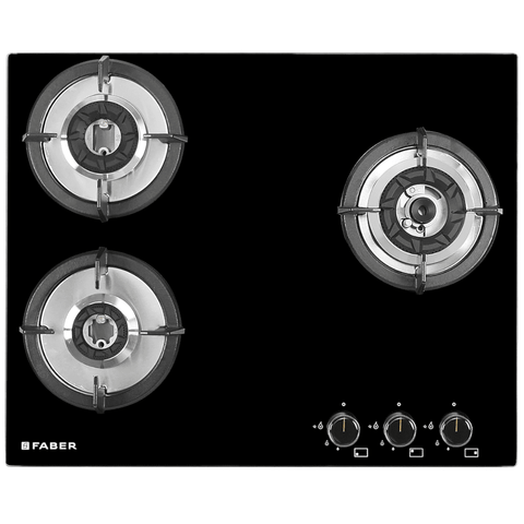 Faber Hob, SUPERIA HT653 BR AI, 3 burner 65 cm Auto Ignition Glass Top Full Brass Burners 1 Medium + 1 Small +1 High Flame Gas Stove (Black)