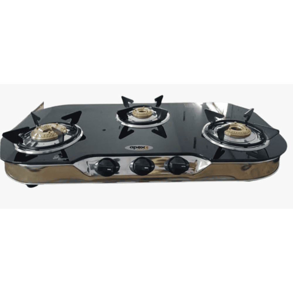Hindware Cooktop, APEX 3B, 3 Burner Auto Ignition Glass Top Forged Brass Burner 1 Big + 1 Medium + 1 small Gas Stove (Black)
