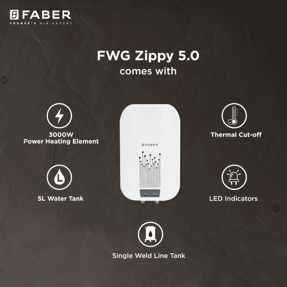 Faber 5 Ltrs Instant Wall Mounting Water Heater Geyser (FWG ZIPPY5.0, White)