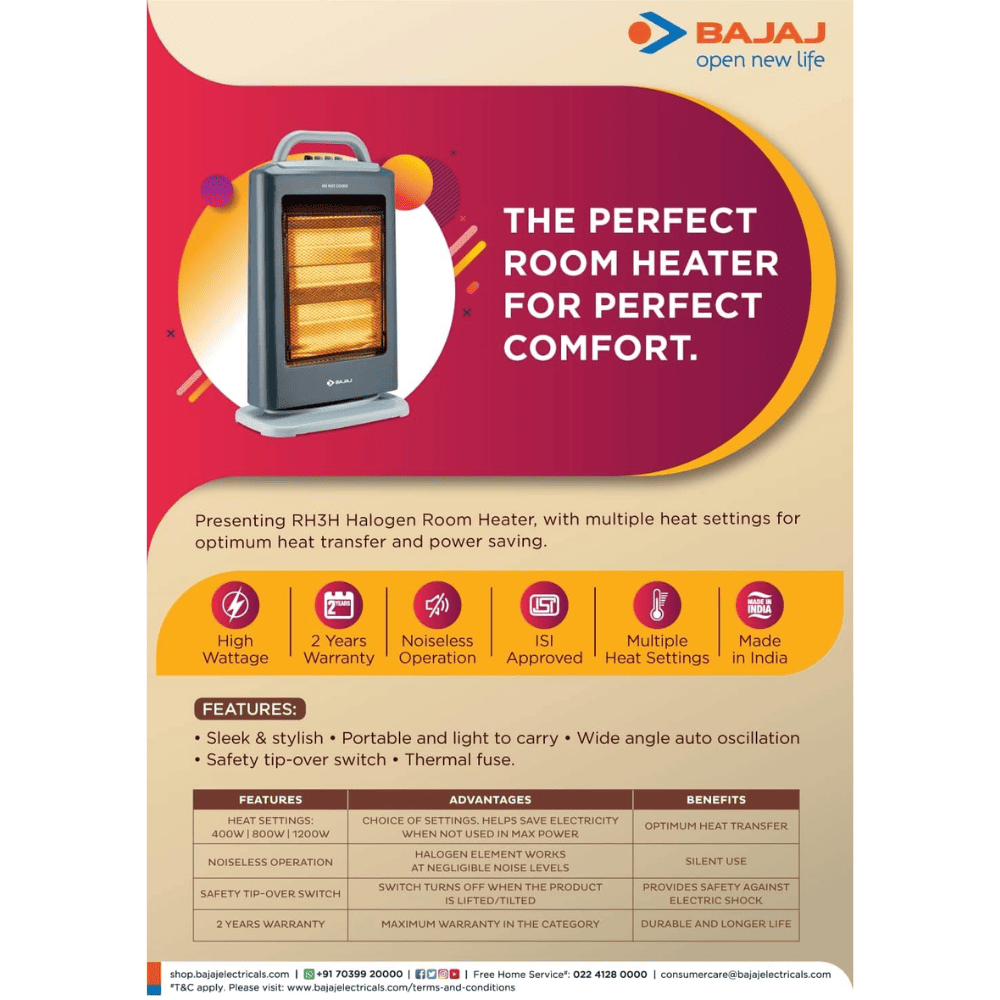 Bajaj 1200 Watts Majesty RH3H Halogen Room Heater, Grey