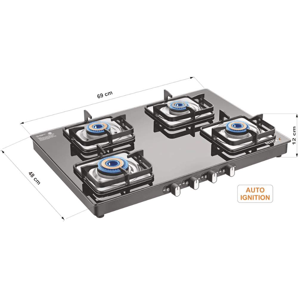 Sujata Cooktop Classic AI, 4 Burner Glass Top Auto Ignition Brass Burner Gas Stove (Black)