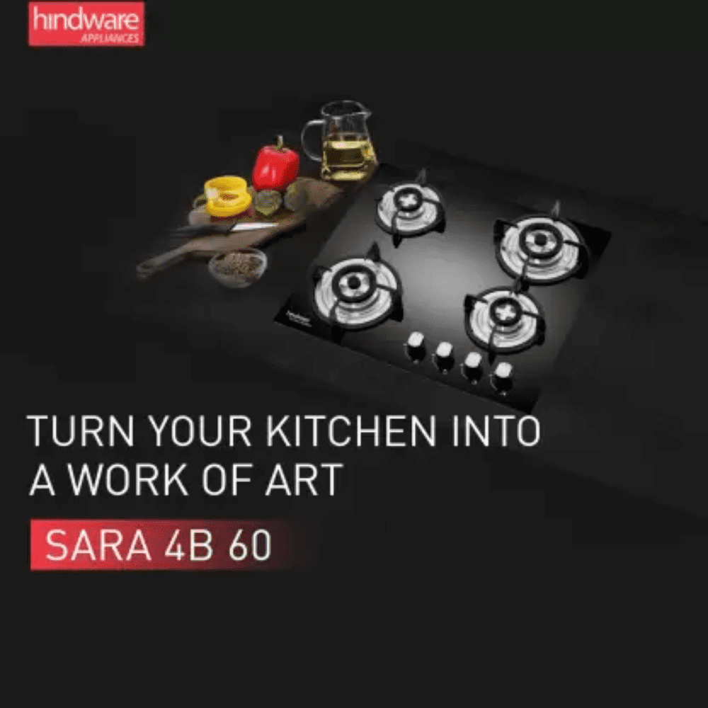 Hindware Hob, SARA+ 4B 60 CM, 4 Burner 60 cm Automatic Electric Glass Top Steel Burners 2 Medium + 1 small +1 High Flame Gas Stove (Black)