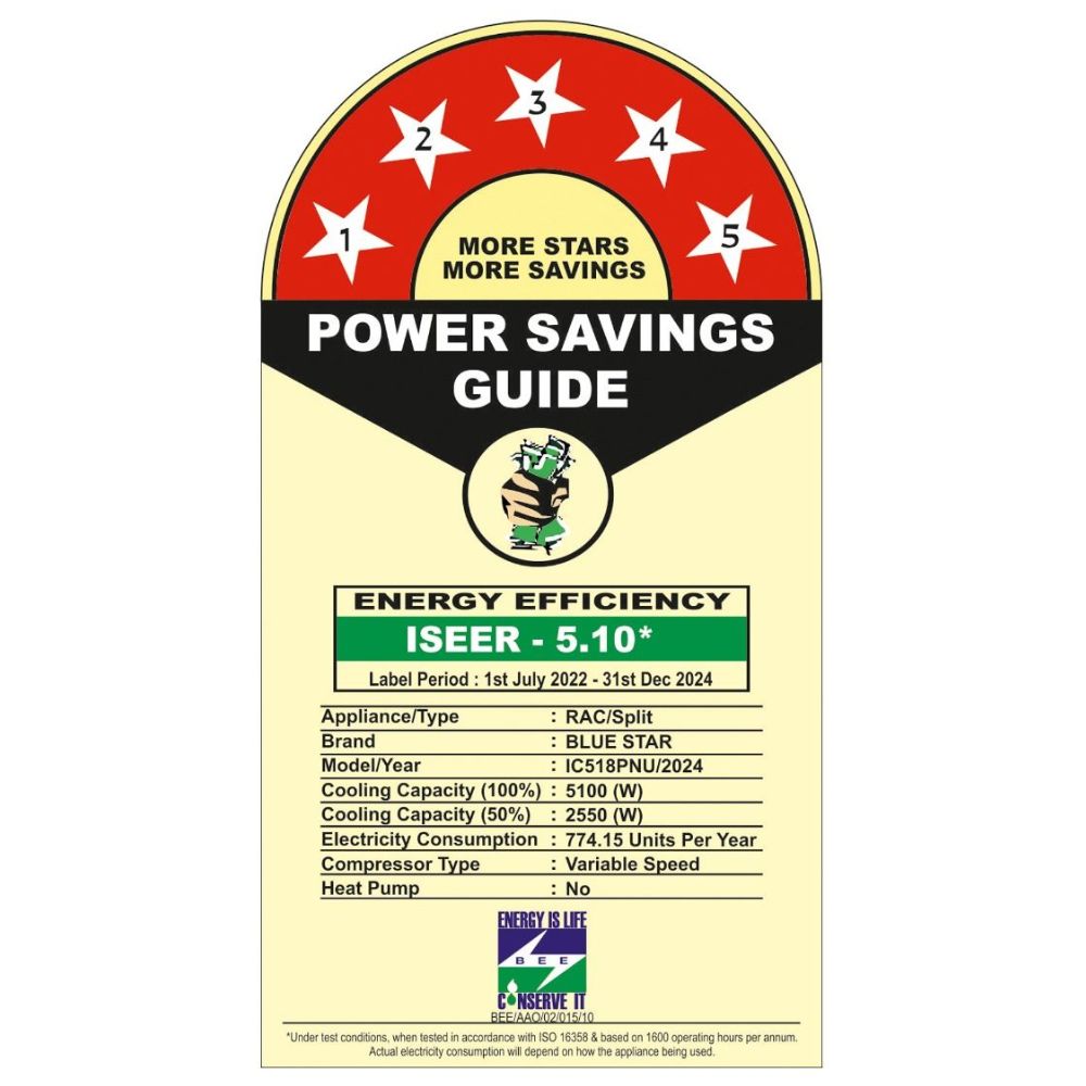Blue Star 1.5 ton 5 Star Inverter Split Air Conditioner (IA518DNUR)