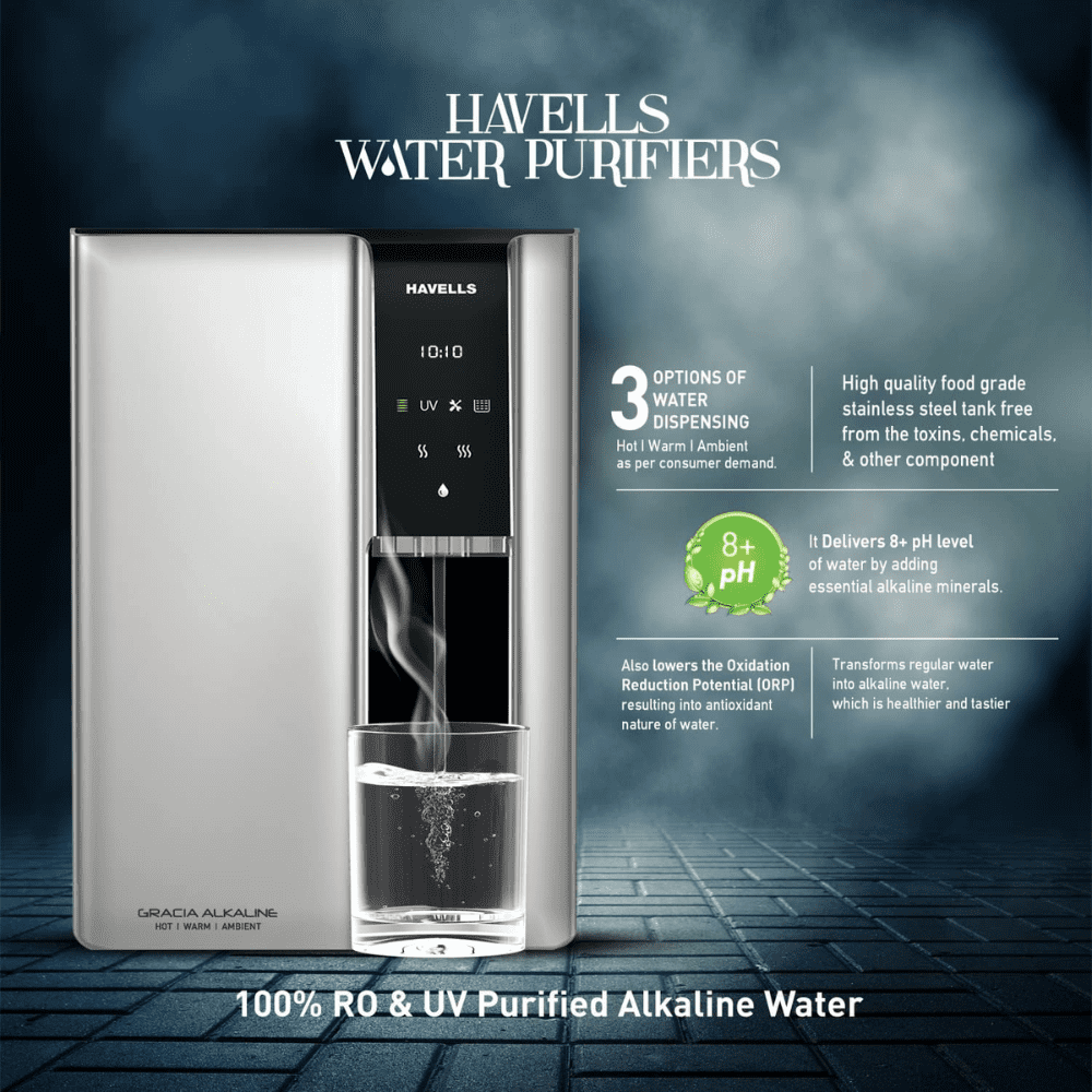 Havells Gracia, 7.5 Ltrs Alkaline RO + UV Purified Alkaline, Hot and Ambient Water Purifier, Silver & Black