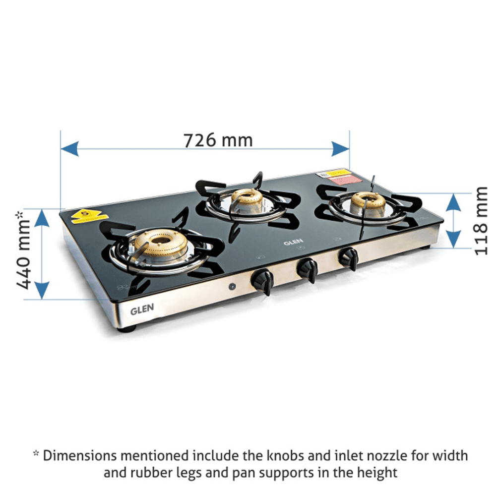 Glen Cooktop,1033 GT XL FB DD BLK AI, 3 Burner cm Auto Manual Glass Top Brass Burner, 1 Medium + 1 small + High Flame Extra Large (Black)