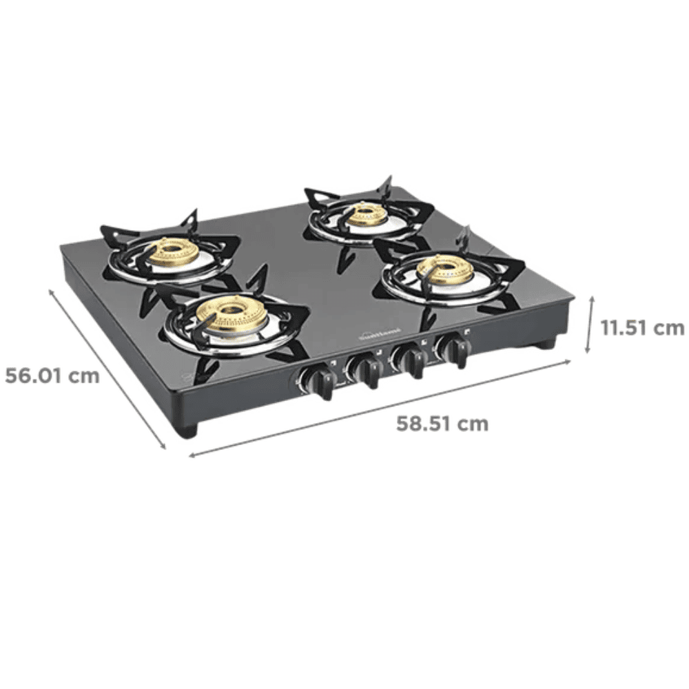 Sunflame Cooktop, PRIME 4B BK, 4 Burner Auto Manual Ignition Glass Top Brass Burner 1 Big + 2 Medium + 1 small Gas Stove (Black)