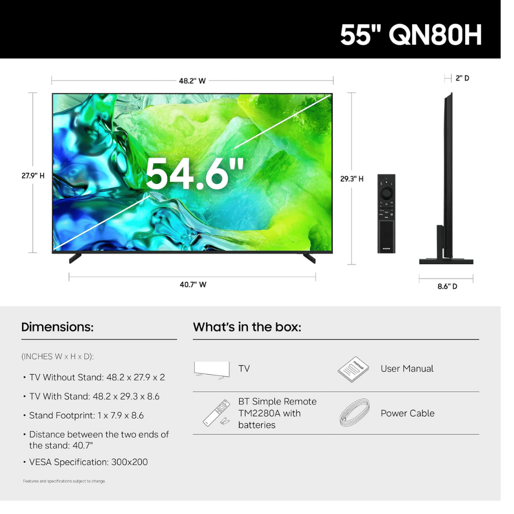 Samsung 55QN80H, 55 Inches 4K AI Smart Neo QLED TV, Titan Black