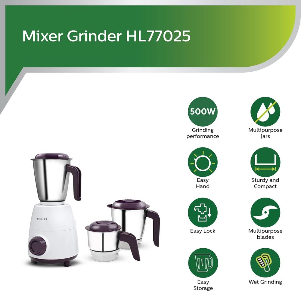 Philips MG HL7505, 500 Watt 3 Jars Mixer Grinder (Black & White)
