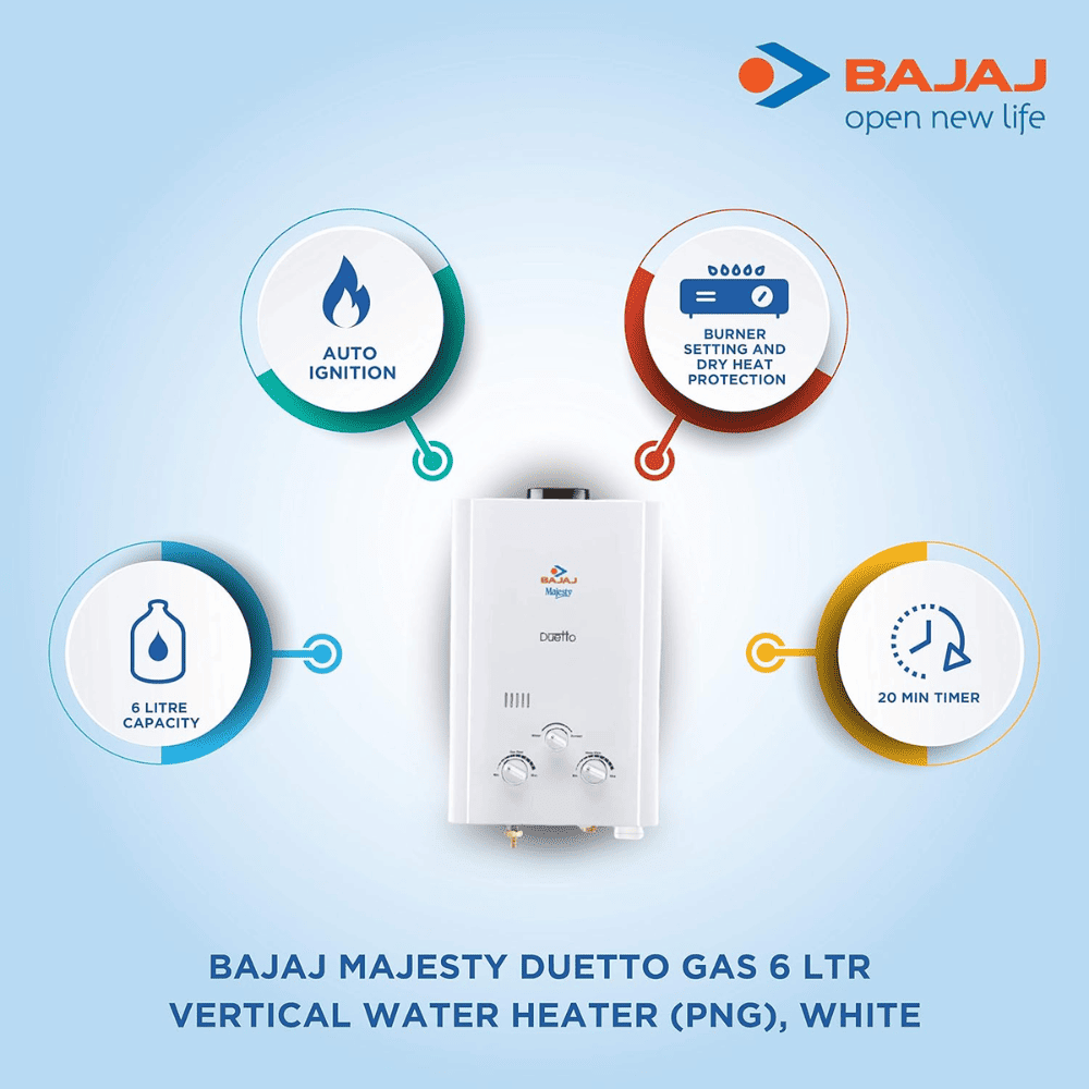 Bajaj 6 Ltrs Instant Gas Water Heater Water Heater Geyser (MAJESTY DUETTO GAS (LPG) White)