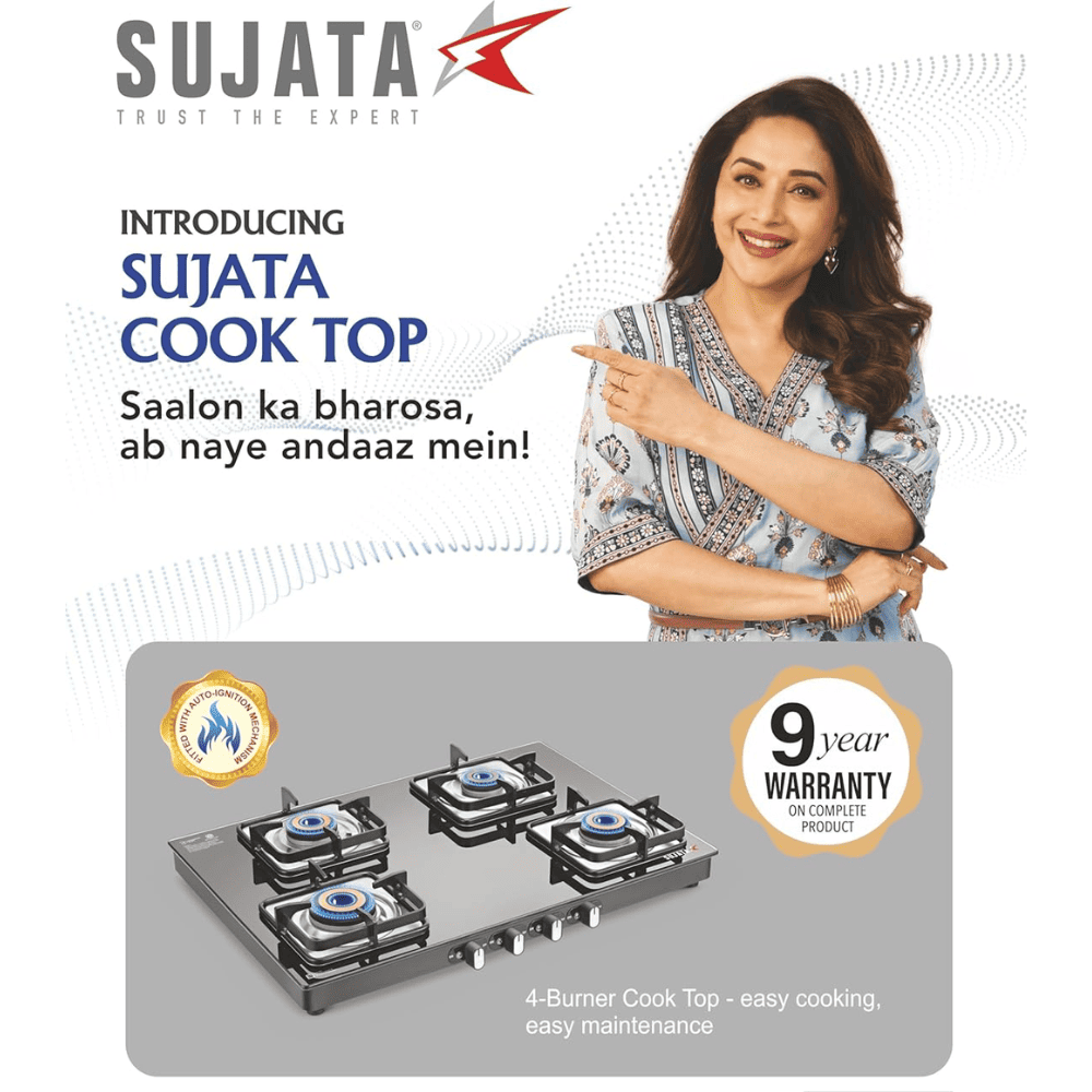 Sujata Cooktop Classic AI, 4 Burner Glass Top Auto Ignition Brass Burner Gas Stove (Black)