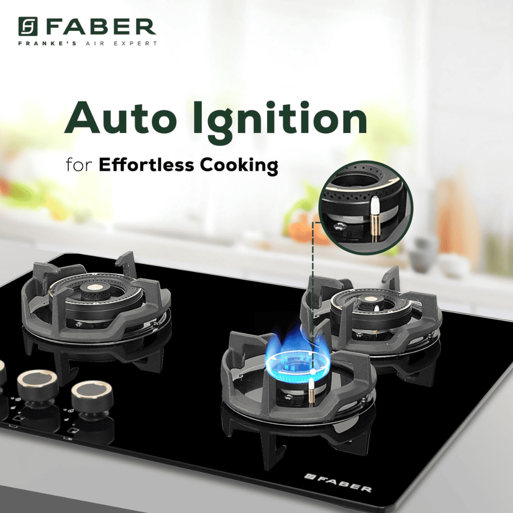 Faber Hob EXPERIA HT703 ALU AI, 3 burner 70 cm Auto Ignition Glass Matt Finish Brass Burners 1 Medium + 1 Small + 1 High (Black)