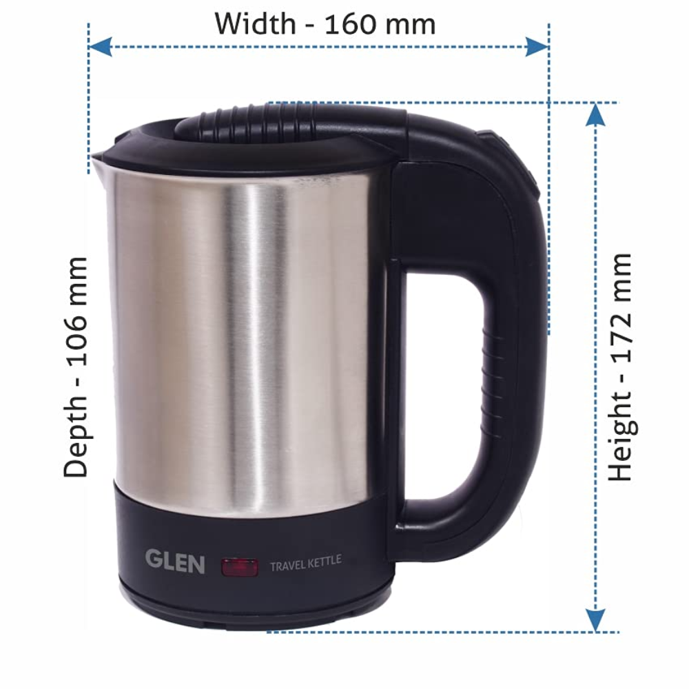 Glen Travel 9013, 1000 Watts 0.5 Litres Electric Travel Kettle Multicooker, Stainless Steel 2 Plastic Cups (Silver and Black)