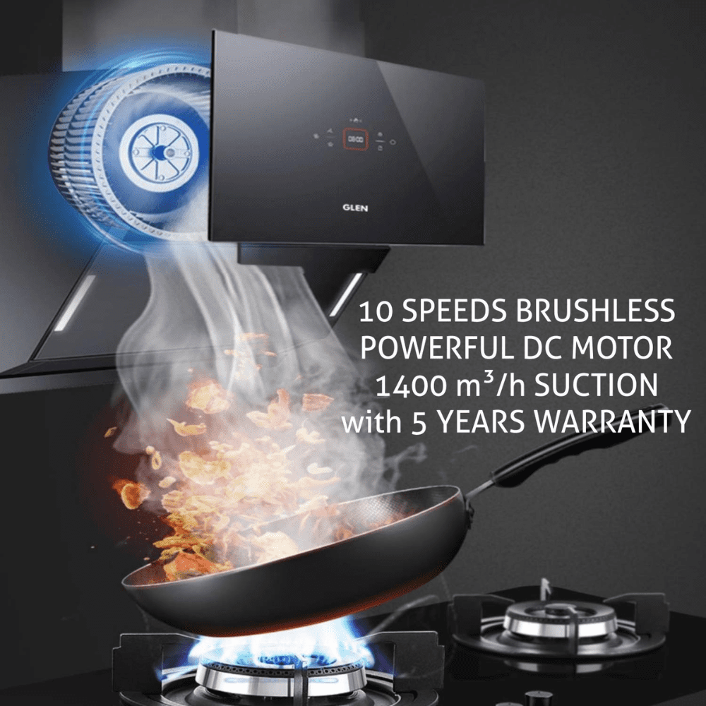 Glen 6074, 60 cm 1400 m3/hr Auto Clean Vertical Glass Kitchen Chimney, Filterless (Black)