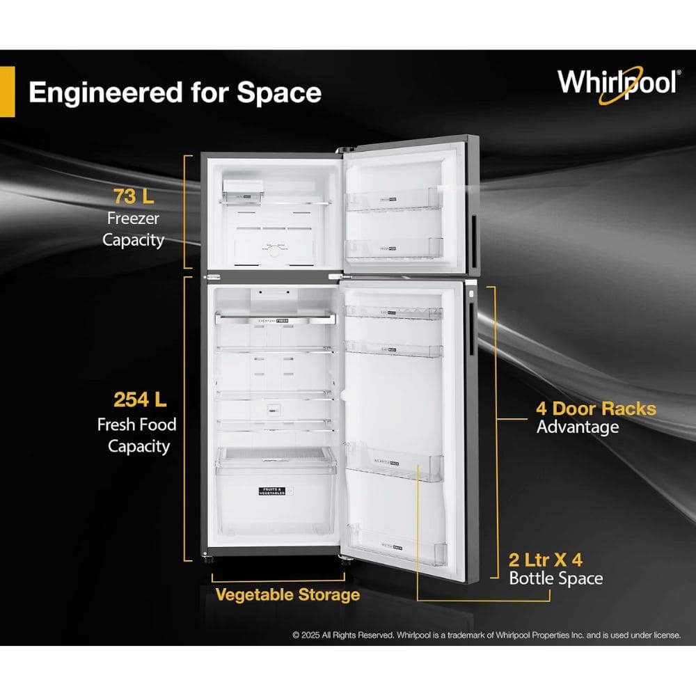 Whirlpool 327 Ltrs, 3 Star Convertible Frost Free inverter Double Door Refrigerator (IF INV 375 ILLUSIA STEEL 3S)
