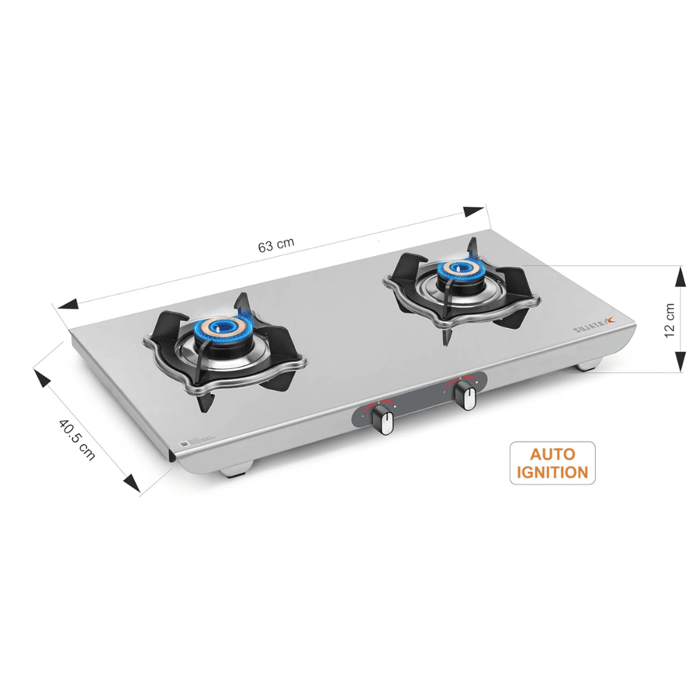 Sujata Cooktop Sterno AI, 2 Burner Auto Ignition Stainless Steel Glossy SS Body Gas Stove (Silver)