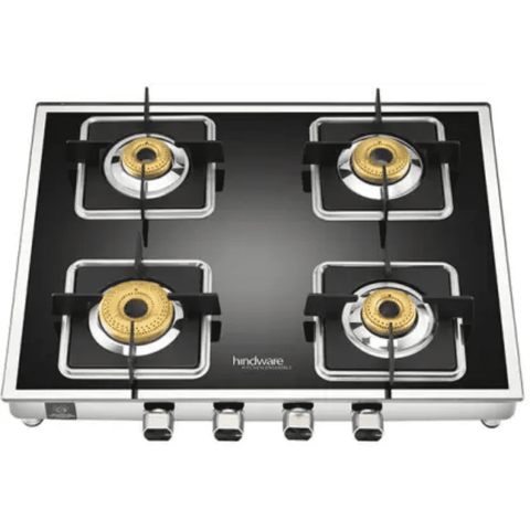 Hindware Cooktop, DARIO SS 4B AI, 4 Burner cm Auto Ignition Matt finished Glass Top Stainless Steel Burner 4 Medium Gas Stove, 8mm Thick Toughened Glass (Black)