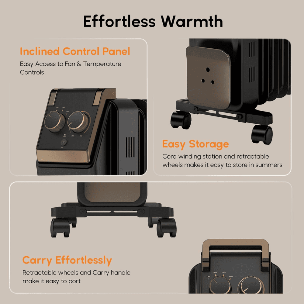 Havells 9 Straight Fins, 2400 Watts Oil Filled With PTC Fan Room Heater (Hestio Ofr 9f, Black)