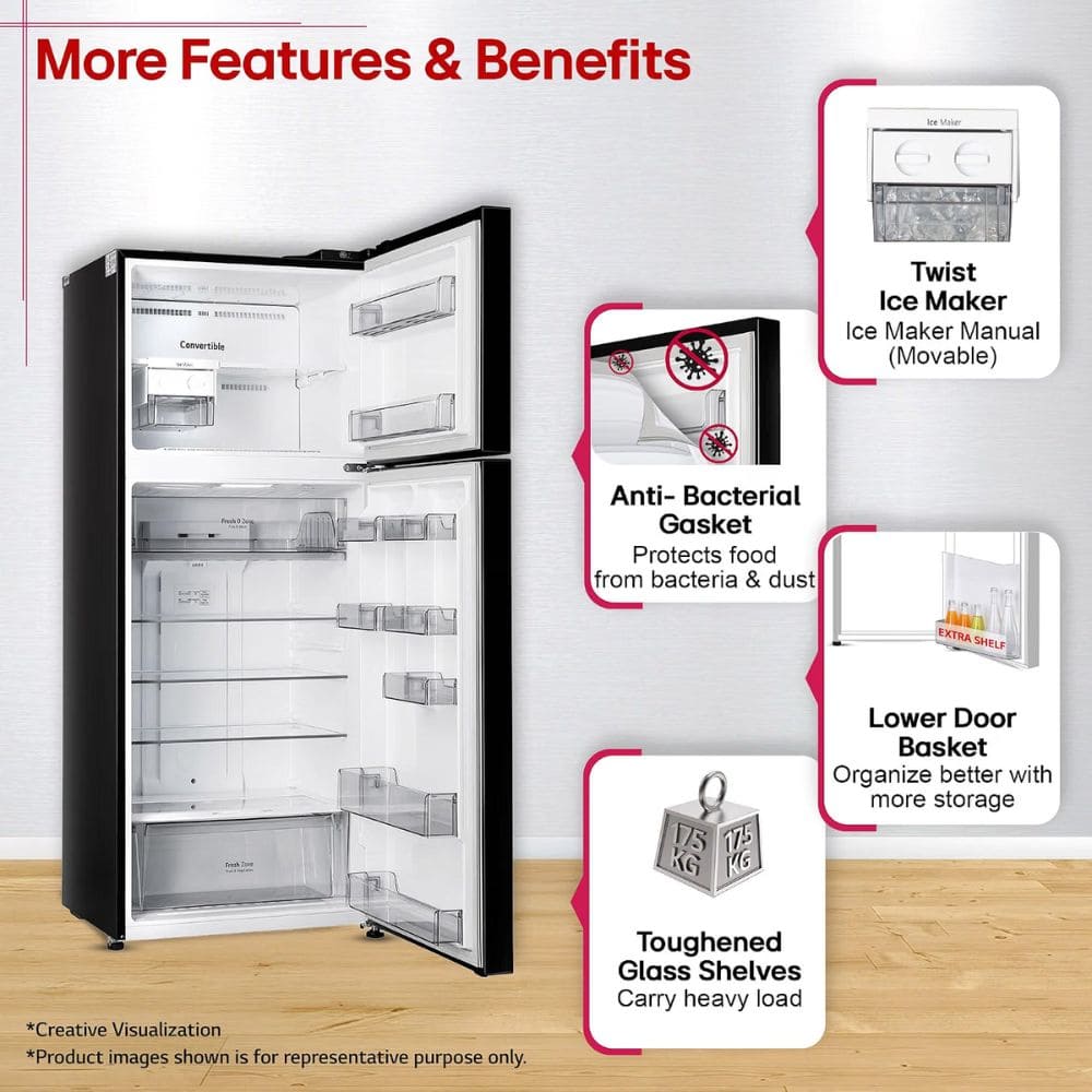 LG 446 Ltrs, 1 Star Smart Inverter Frost Free Double Door Convertible Refrigerator (GLT4416CCES, Ebony Sheen)