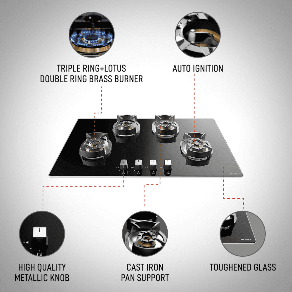 Faber Hob Nexus HT904 CRS BR CI, 4 Burner 90 cm Auto Electric Ignition Glass Top Mild Steel Burners 4 Medium Gas Stove (Black)