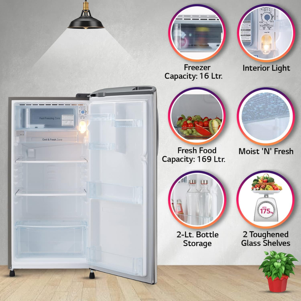LG 185 Ltrs 3 Star Inverter Direct Cool Single Door Refrigerator (GL-B201APZD, Shiny Steel)