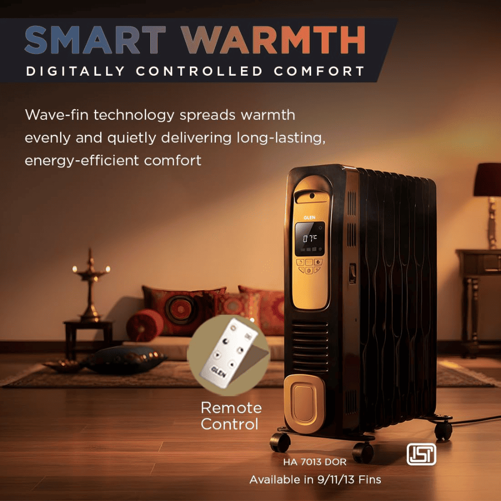 Glen 13 Straight Fins 2900 Watts Electric Oil Filled Digital Room Heater with PTC Fan (Black)