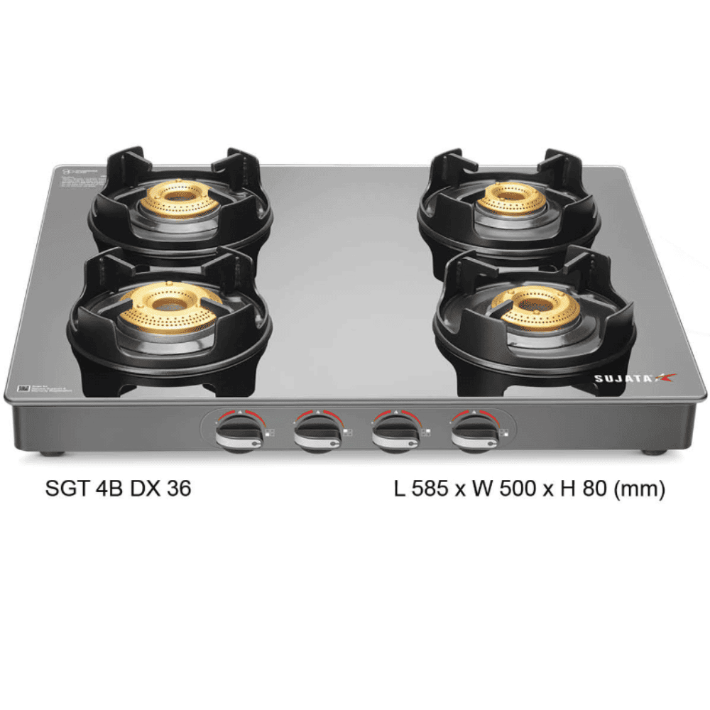 Sujata Cooktop Deluxe, 4 Burner Glass Top Brass Burner Gas Stove (Black)
