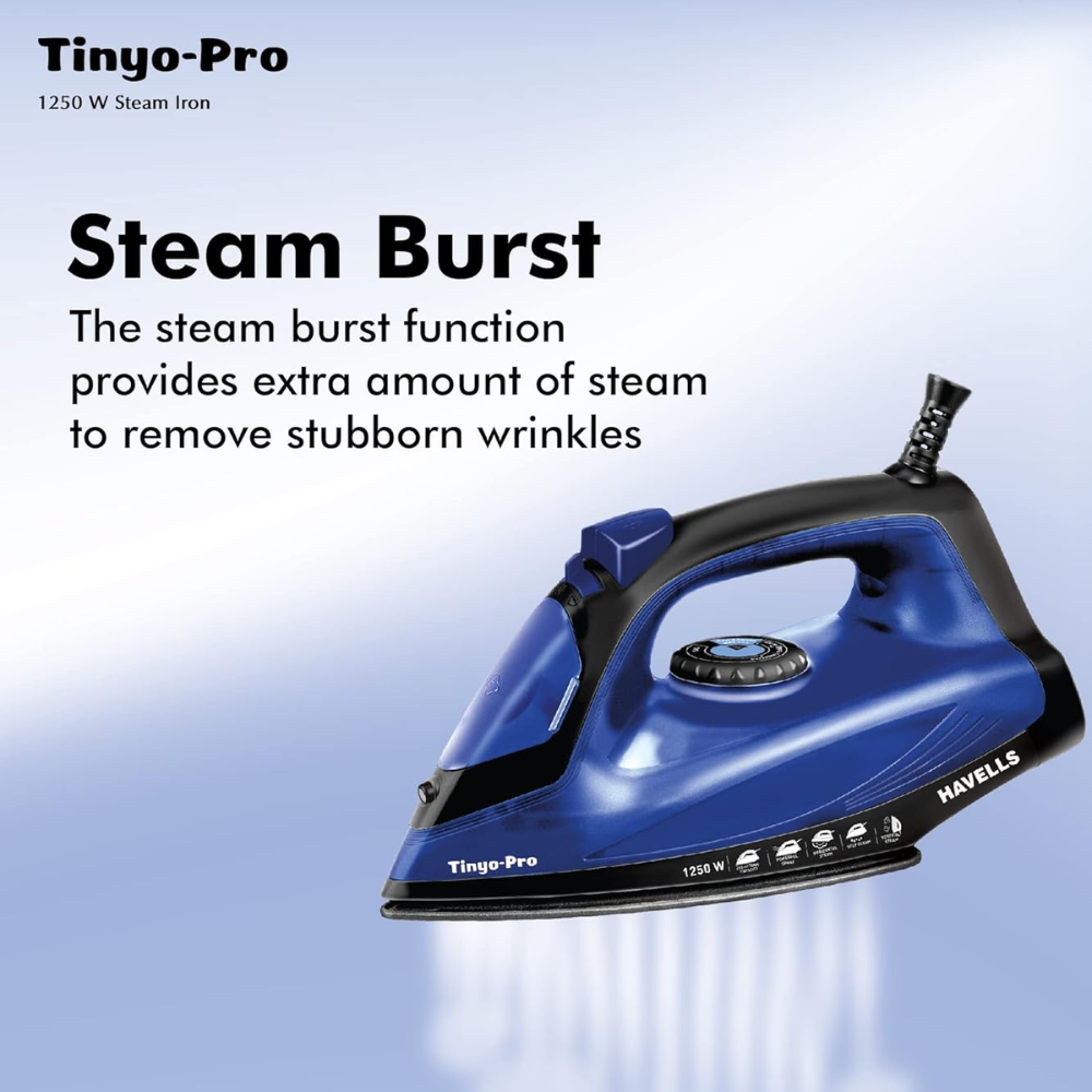 Havells Tinyo Pro, 1250 Watts Self Clean Steam Iron Press with Power full Steam Spray (Blue)