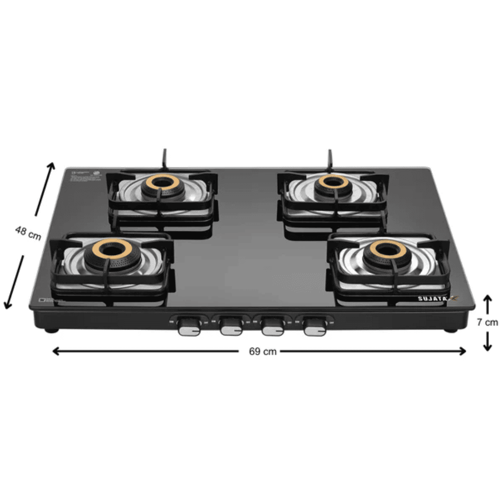 Sujata Cooktop Classic, 4 Burner Glass Top Brass Burner Gas Stove (Black)