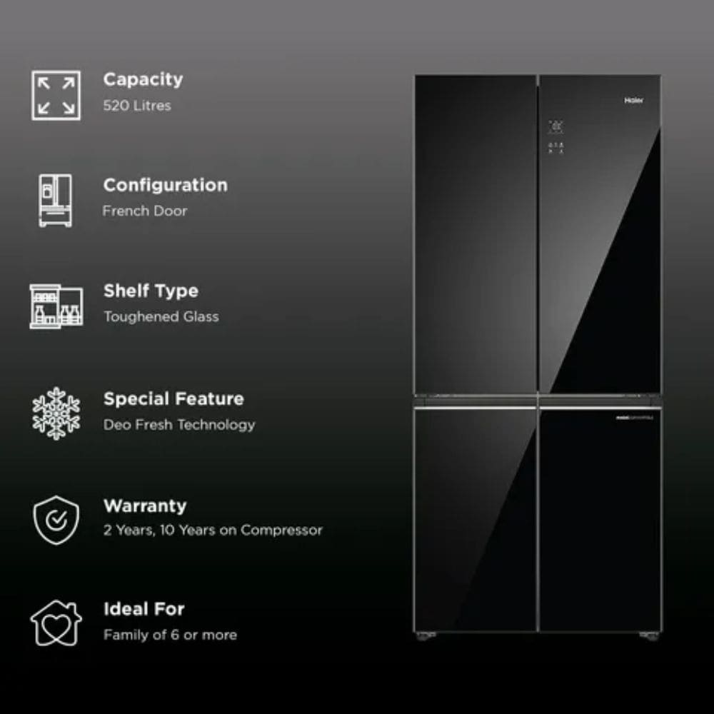 Haier 520 Ltrs, 3 Star Frost Free Side by Side Convertible Refrigerator (HRB 600KGU1, Black Glass)