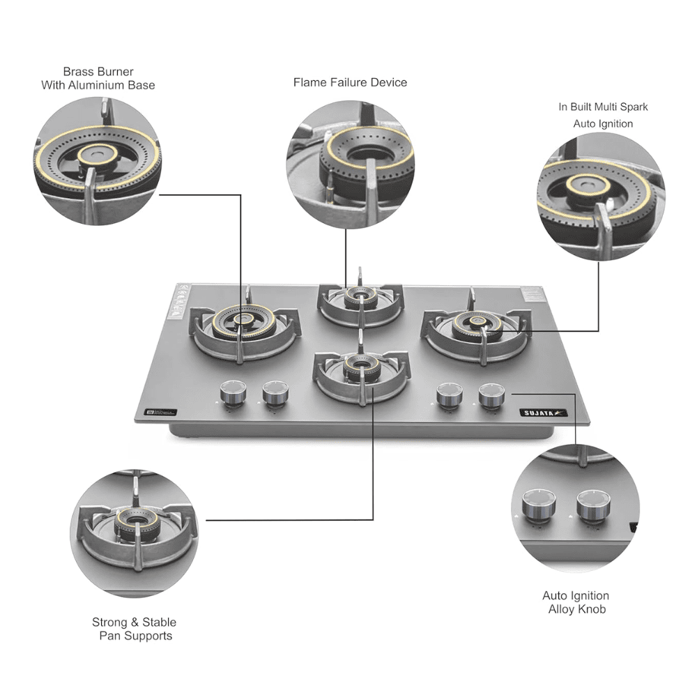 Sujata Hob, 4 Burner 60 cm Auto Ignition Glass Top Brass Burner 1 Larg+1 Medium + 2 small (Palladium FB 4B60, Black)
